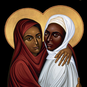 Painting of two female saints with halos embracing